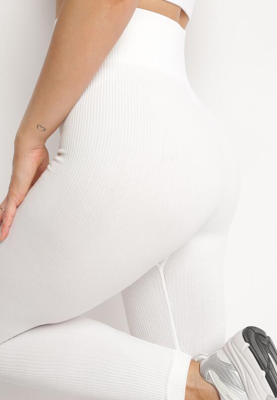 Białe Legginsy Prążkowane z Szeroką Wysoką Talią Vamee 5