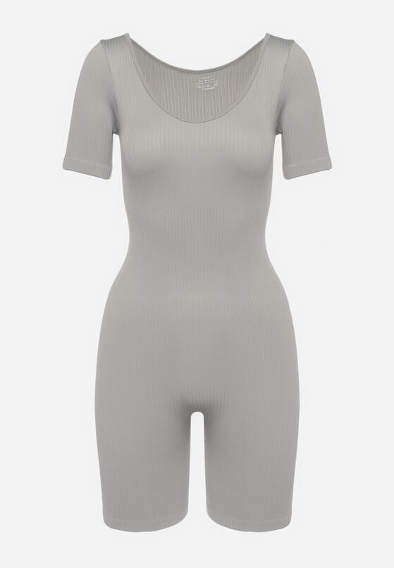 Szary Prążkowany Kombinezon Bodycon z Krótkimi Nogawkami Tima 6