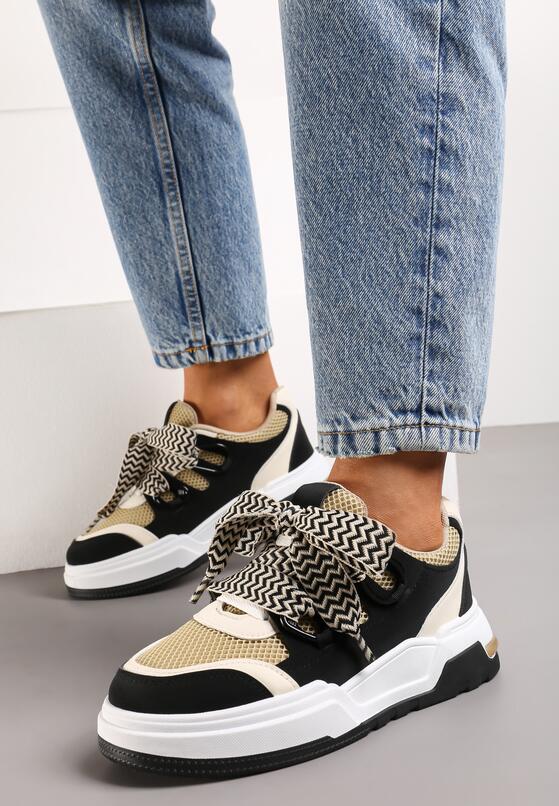 Czarno-Beżowe Sneakersy na Niskiej Platformie z Szerokimi Sznurówkami Gritte 1