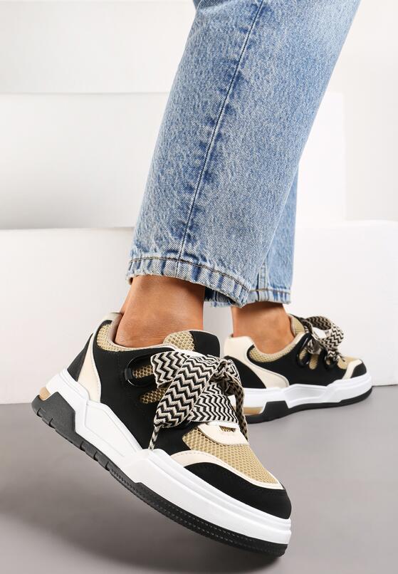 Czarno-Beżowe Sneakersy na Niskiej Platformie z Szerokimi Sznurówkami Gritte 3