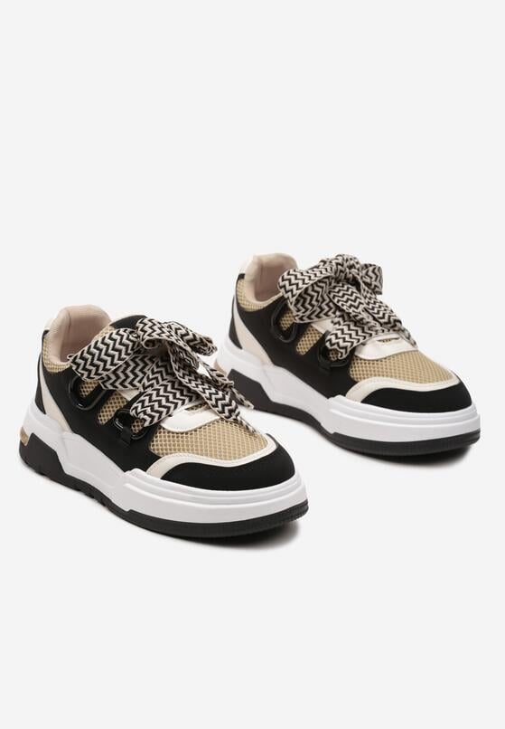 Czarno-Beżowe Sneakersy na Niskiej Platformie z Szerokimi Sznurówkami Gritte 5