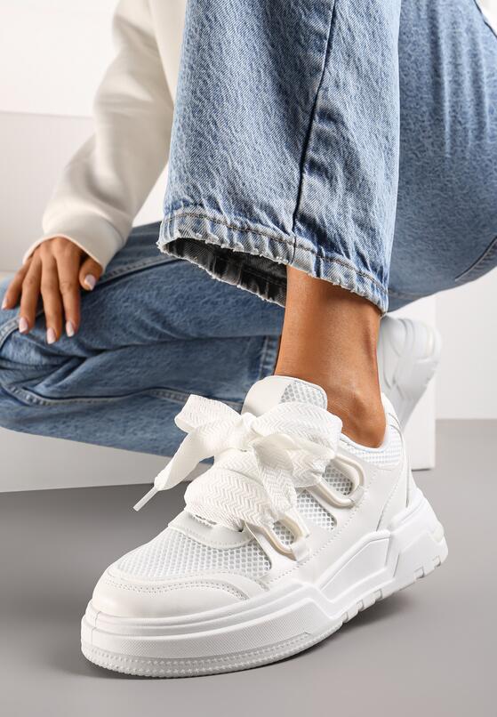 Białe Sneakersy na Niskiej Platformie z Szerokimi Sznurówkami Gritte 2
