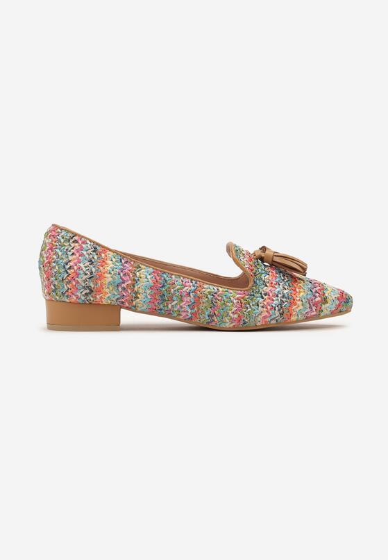 Beżowo-Niebieskie Mokasyny Loafersy w Stylu Boho z Kolorową Plecionką Tanula 4