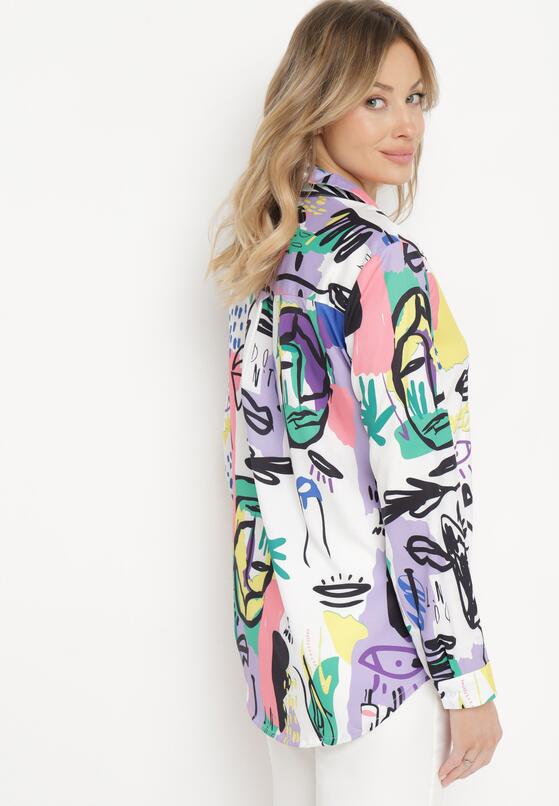 Biało-Fioletowa Koszula w Fantazyjny Print Zapinana na Guziki Lauretts 3