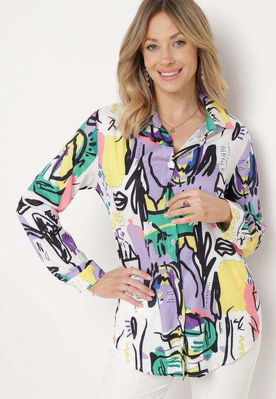 Biało-Fioletowa Koszula w Fantazyjny Print Zapinana na Guziki Lauretts 4