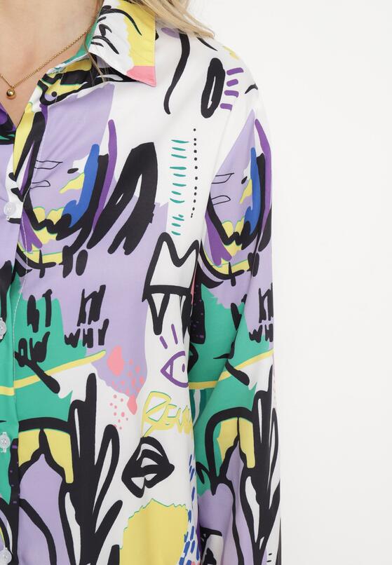 Biało-Fioletowa Koszula w Fantazyjny Print Zapinana na Guziki Lauretts 5