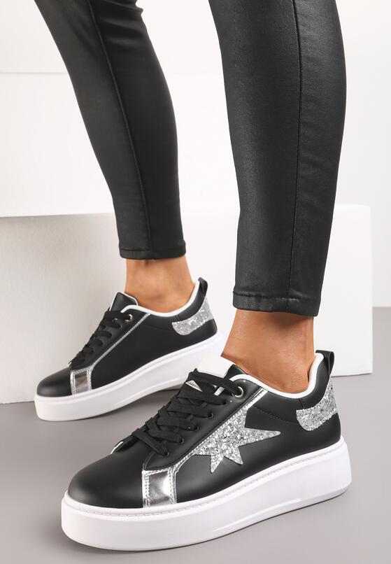 Czarne Sneakersy z Ekoskóry na Platformie z Brokatową Gwiazdką Lominia 1