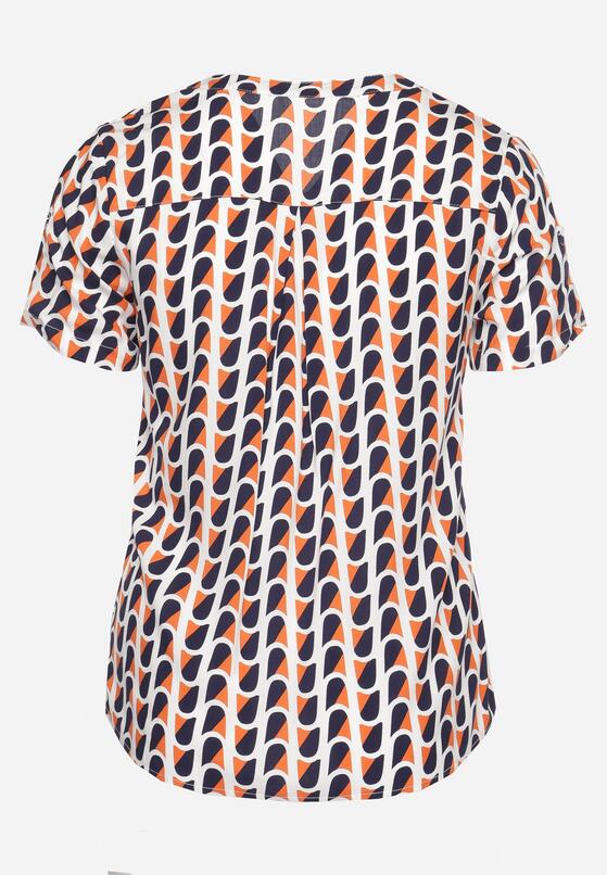 Granatowo-Beżowa Wiskozowa Bluzka z Guzikami przy Dekolcie w Geometryczny Print Scariada 7