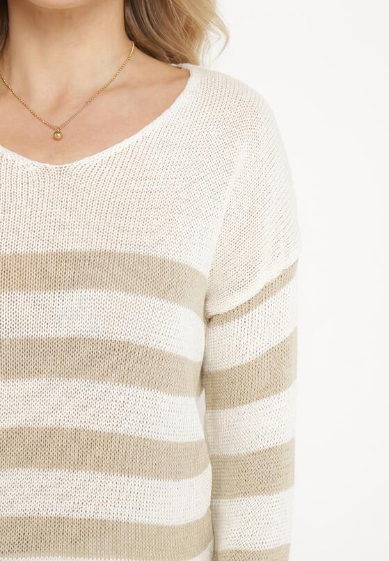 Jasnobeżowy Sweter w Paski z Trójkątnym Dekoltem i Długim Rękawem Oviunna 5