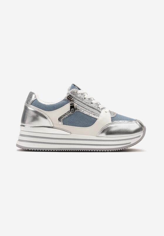 Niebiesko-Srebrne Sneakersy na Platformie Ozdobione Brokatem i Suwakiem Heliaza 4