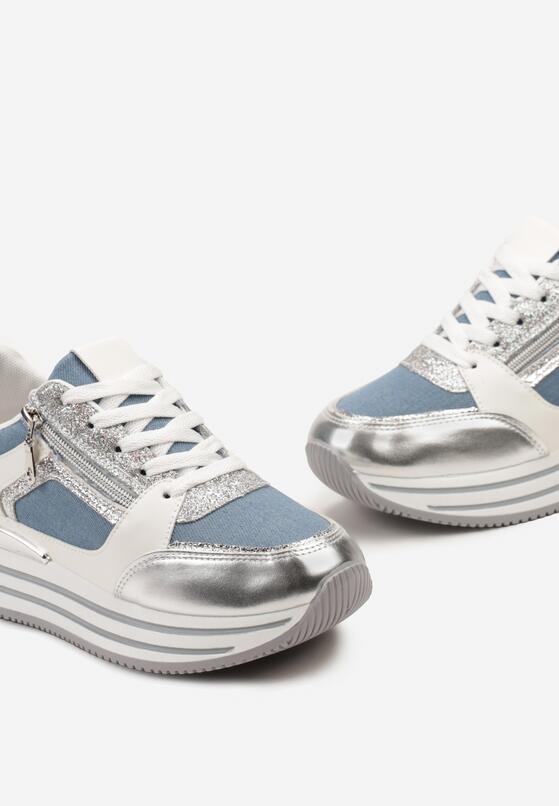 Niebiesko-Srebrne Sneakersy na Platformie Ozdobione Brokatem i Suwakiem Heliaza 6