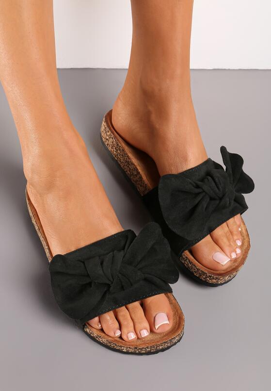 Czarne Klapki na Korkowej Podeszwie z Ozdobnym Wiązaniem Cirenea 3