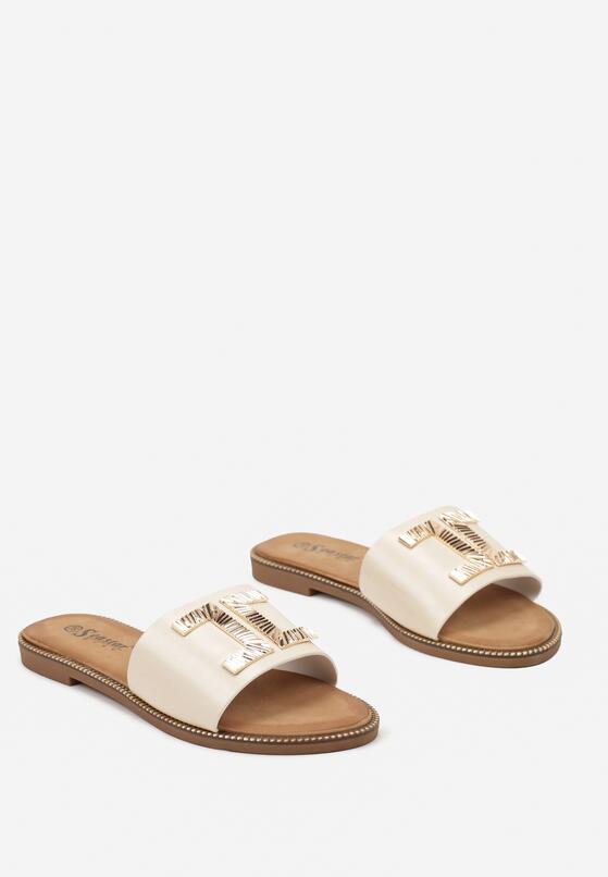 Beżowe Klapki ze Metalowym Zdobieniem w Kolorze Złota Seless 5