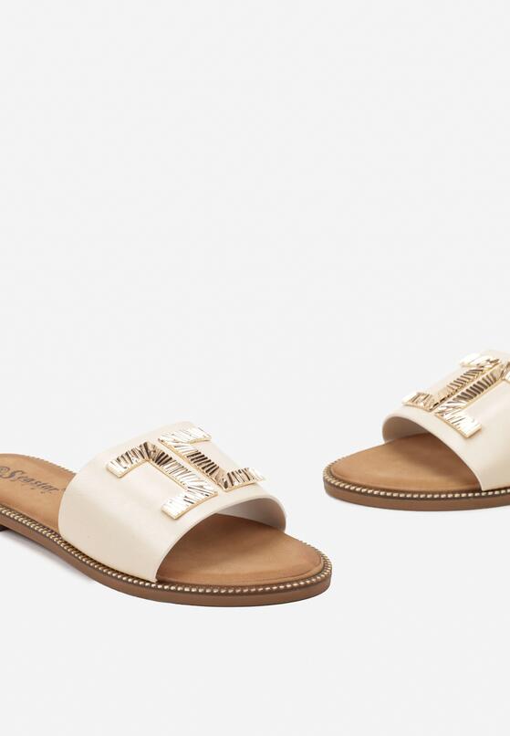 Beżowe Klapki ze Metalowym Zdobieniem w Kolorze Złota Seless 6