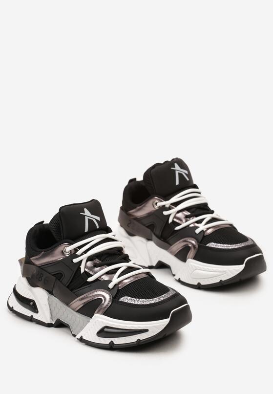 Czarne Sneakersy na Grubej Podeszwie z Brokatową Wstawką i Podwójnymi Sznurówkami Ulema 5