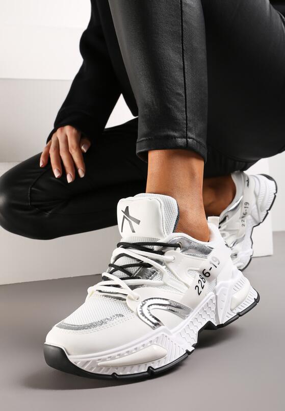 Białe Sneakersy na Grubej Podeszwie z Brokatową Wstawką i Podwójnymi Sznurówkami Ulema 2