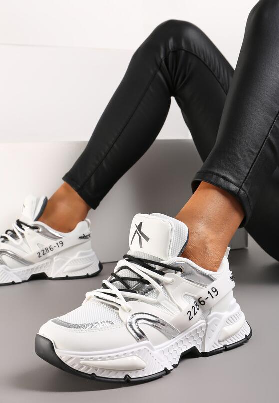 Białe Sneakersy na Grubej Podeszwie z Brokatową Wstawką i Podwójnymi Sznurówkami Ulema 3
