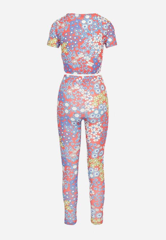 Czerwono-Niebieski Komplet 2-Częściowy w Kwiatowy Print Top ze Sznurkiem i Legginsy Naerisande 7