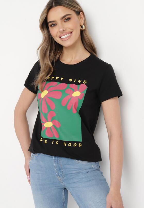 Czarny Bawełniany T-shirt z Kolorowym Nadrukiem Nairita 1