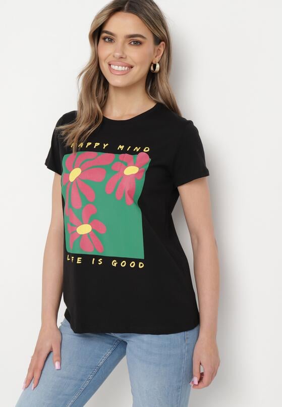 Czarny Bawełniany T-shirt z Kolorowym Nadrukiem Nairita 2