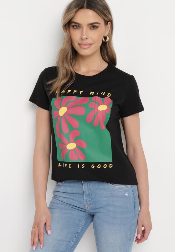 Czarny Bawełniany T-shirt z Kolorowym Nadrukiem Nairita 4