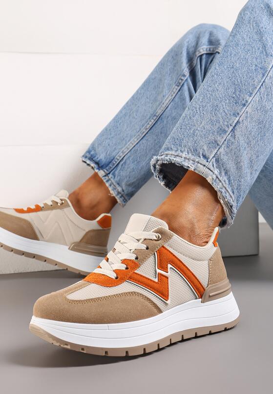 Brązowo-Pomarańczowe Sneakersy na Grubej Podeszwie z Brokatowym Zdobieniem i Sznurowaniem Lavistes 2