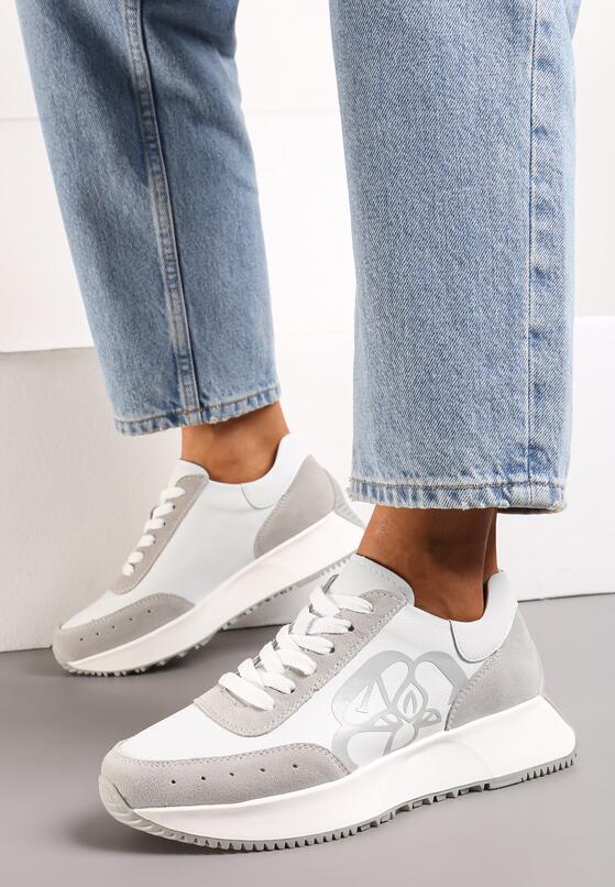 Biało-Szare Sneakersy Skórzane na Grubej Podeszwie z Ozdobnym Nadrukiem Vorina 1