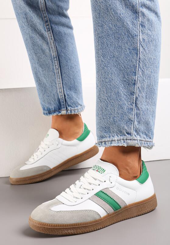 Biało-Zielone Sneakersy z Naturalnej Skóry ze Wstawkami po Bokach Irinea 2