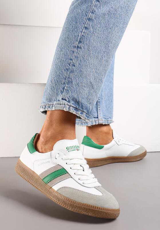 Biało-Zielone Sneakersy z Naturalnej Skóry ze Wstawkami po Bokach Irinea 1