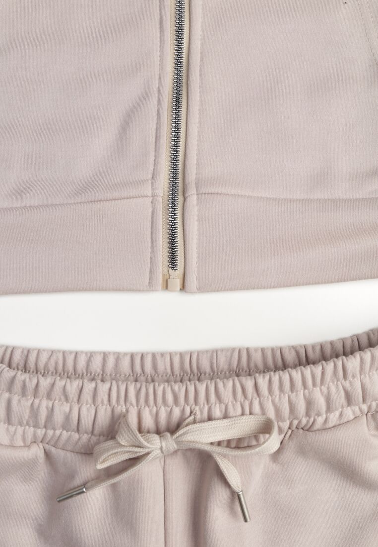 Beżowy Bawełniany Komplet Dresowy Bluza z Kapturem i Spodnie Dzwony Nanre 8