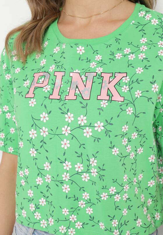Zielony Bawełniany T-shirt Oversize w Kwiatowy Print o Krótkim Fasonie Daelinn 5