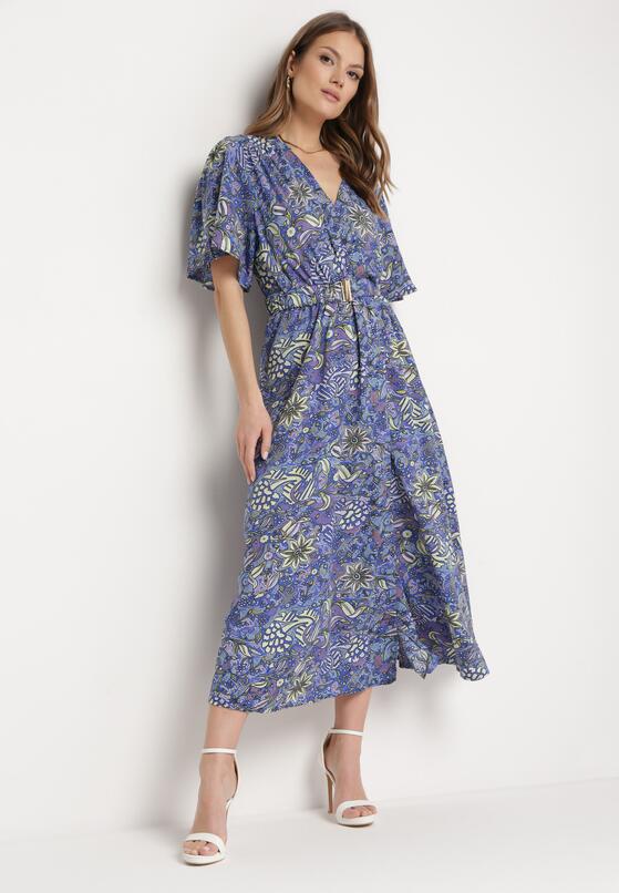 Niebieska Rozkloszowana Sukienka z Kopertowym Dekoltem i Elastyczną Gumką w Talii z Paskiem Marisal 1