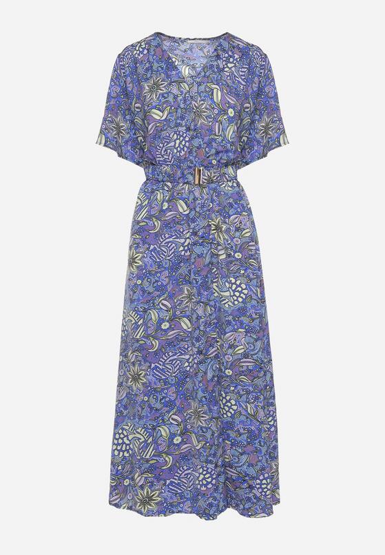 Niebieska Rozkloszowana Sukienka z Kopertowym Dekoltem i Elastyczną Gumką w Talii z Paskiem Marisal 6