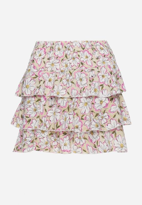 Beżowa Spódnica Mini Ozdobiona Falbankami i Kwiatowym Wzorem Persava 6