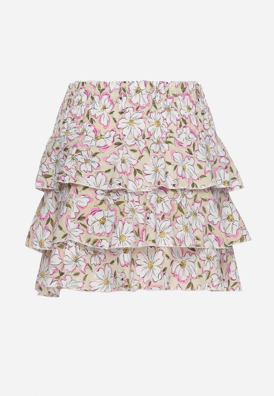 Beżowa Spódnica Mini Ozdobiona Falbankami i Kwiatowym Wzorem Persava 7