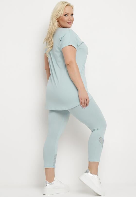 Jasnoniebieski Bawełniany Komplet w Sportowo-Casualowy Legginsy T-shirt z Nadrukiem Celka 3