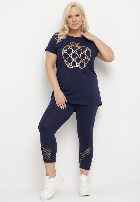 Granatowy Bawełniany Komplet w Sportowo-Casualowy Legginsy T-shirt z Nadrukiem Celka 1