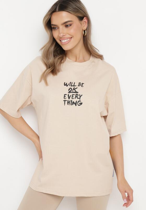 Beżowy T-shirt Oversize Bawełniany Ozdobiony Nadrukiem Aridka 2