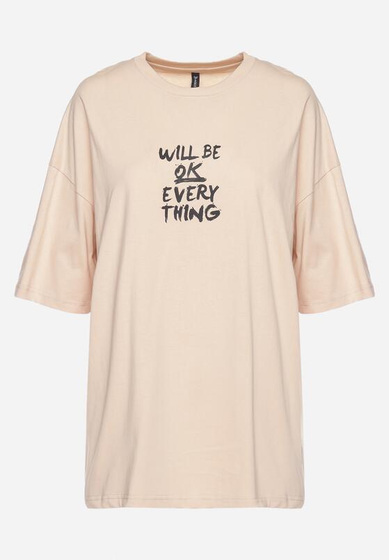 Beżowy T-shirt Oversize Bawełniany Ozdobiony Nadrukiem Aridka 6