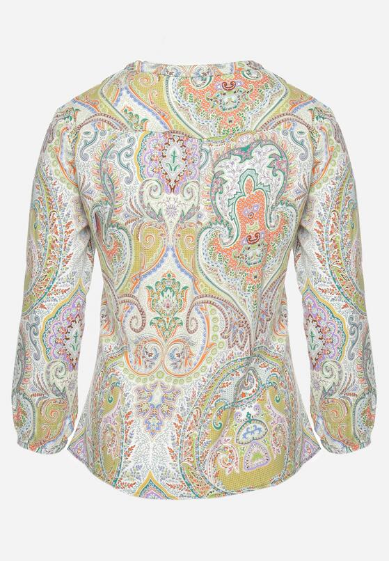 Zielono-Beżowa Bluzka Koszula z Guzikami Przy Dekolcie w Ornamentalny Print Indafare 7