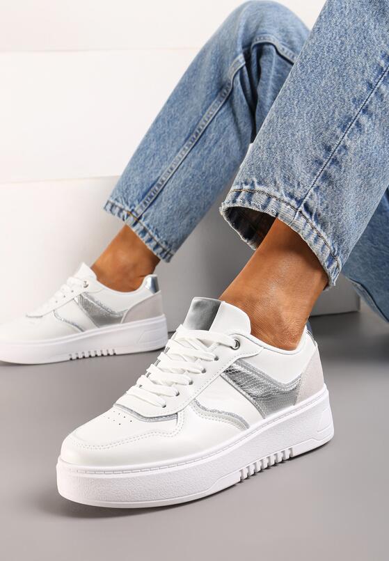 Biało-Srebrne Sneakersy na Grubej Podeszwie z Brokatowymi Wstawkami Qmalthea 2