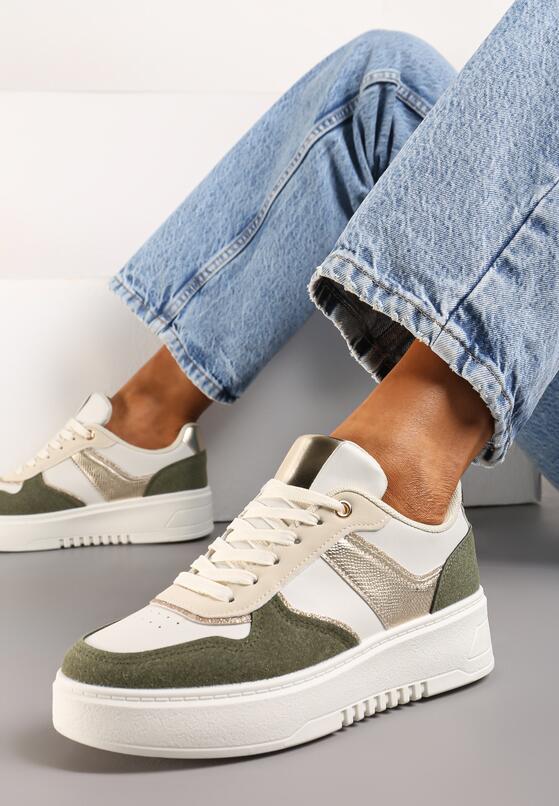 Beżowo-Zielone Sneakersy na Grubej Podeszwie z Brokatowymi Wstawkami Qmalthea 2