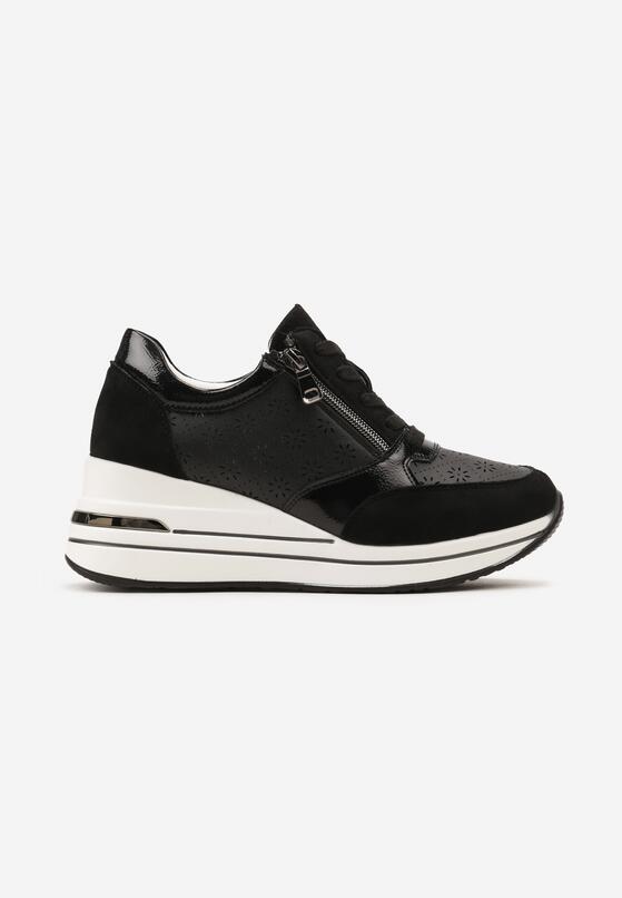 Czarne Sneakersy na Ukrytym Koturnie z Ozdobnym Suwakiem i Ażurowym Wzorem Reladia 4