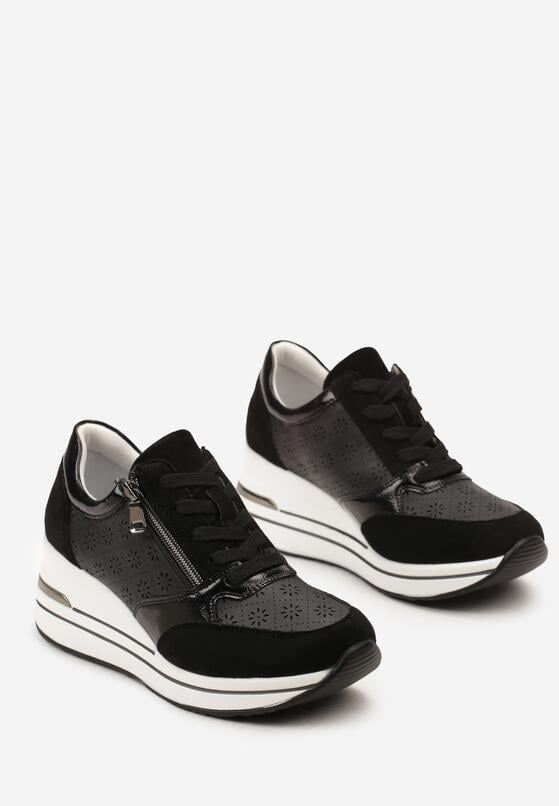 Czarne Sneakersy na Ukrytym Koturnie z Ozdobnym Suwakiem i Ażurowym Wzorem Reladia 5