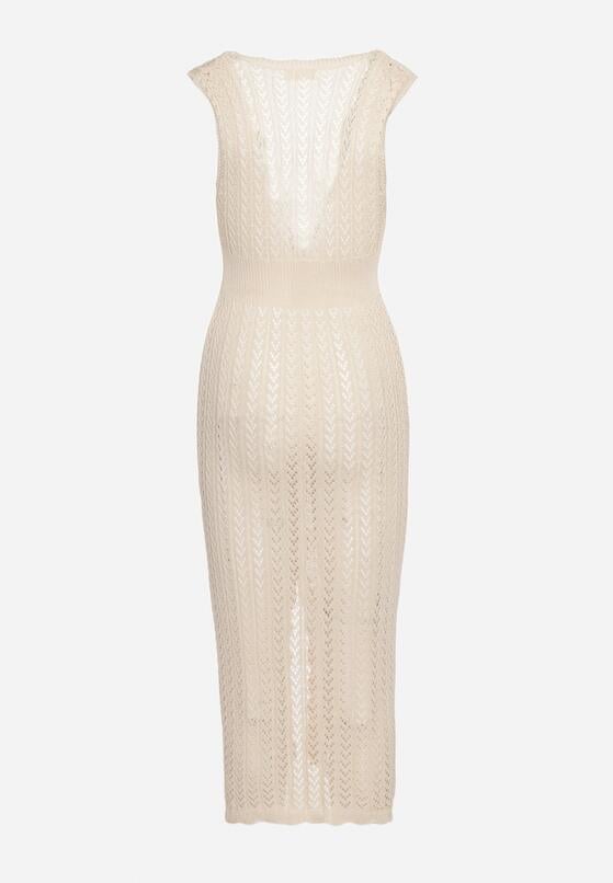 Beżowa Plażowa Sukienka Bodycon z Ażurowej Tkaniny Zapinana na Guziki Kyren 7