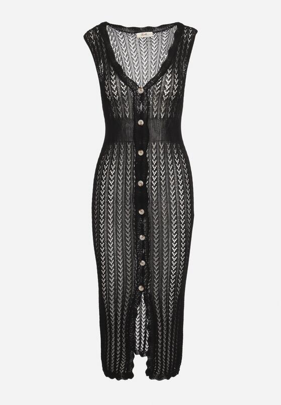 Czarna Plażowa Sukienka Bodycon z Ażurowej Tkaniny Zapinana na Guziki Kyren 6