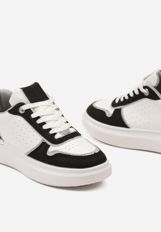 Biało-Czarne Sneakersy na Platformie z Materiałowymi Wstawkami i Cyrkoniami Przy Sznurówkach Nylith 6