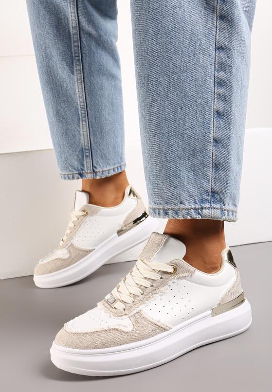 Biało-Beżowe Sneakersy na Platformie z Materiałowymi Wstawkami i Cyrkoniami Przy Sznurówkach Nylith 3