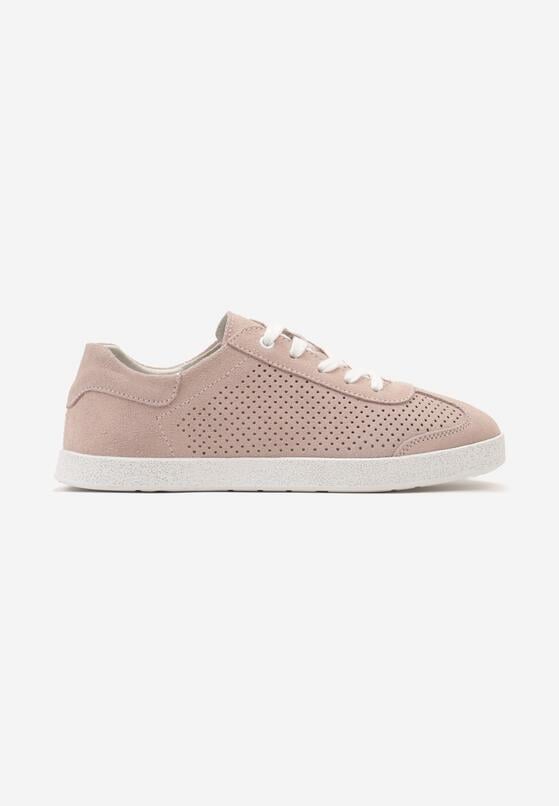 Różowe Skórzane Sneakersy na Płaskiej Podeszwie z Perforacją Amarlia 4
