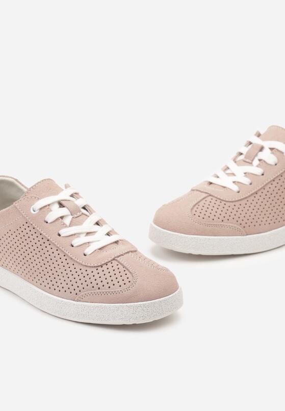 Różowe Skórzane Sneakersy na Płaskiej Podeszwie z Perforacją Amarlia 6